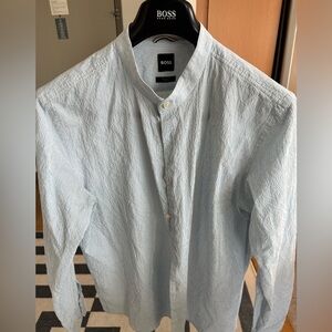 Boss Seersucker White & Blue Striped Shirt